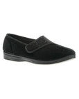 Black slipper with side Velcro closure and black outsole