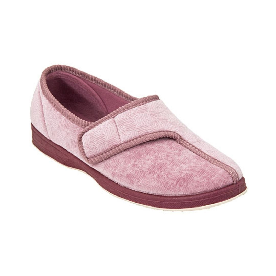 Pink slipper with side Velcro closure and dark pink outsole