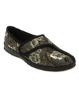 Black and gold printed slipper with side Velcro closure and black outsole