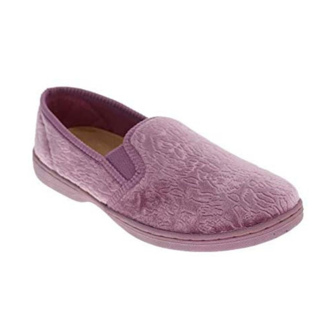 Pink slipper with embossment and elastic side goring.