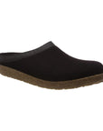 Black wool slide slipper with leather band, cork midsole and brown rubber outsole.