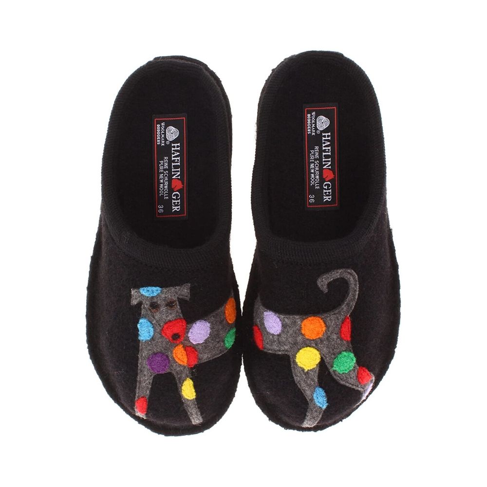 Black wool slide slipper with multi-coloured dog print. Hafligner logo on heel