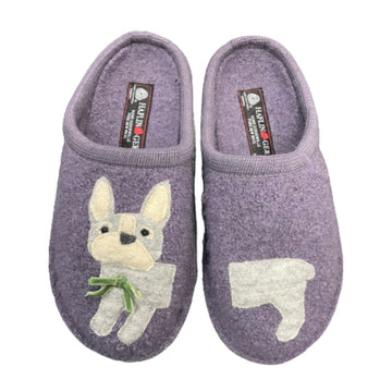 A pair of purple wool slipper with a grey dog print. Haflinger logo on heel.