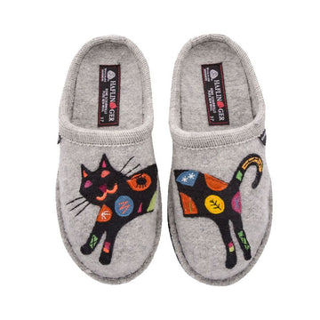 Pair of grey wool slippers with black multi cat print. Haflinger logo on heels.
