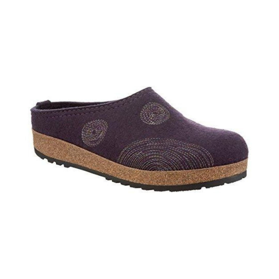 Purple wool slipper with circle stitching details, brown cork midsole and black outsole.