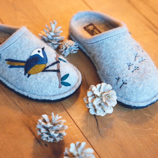 Songbird Slippers on a wooden floor near some pinecones.