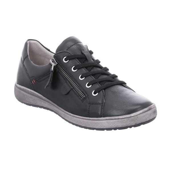 Black leahter lace up shoe with side zipper entry.