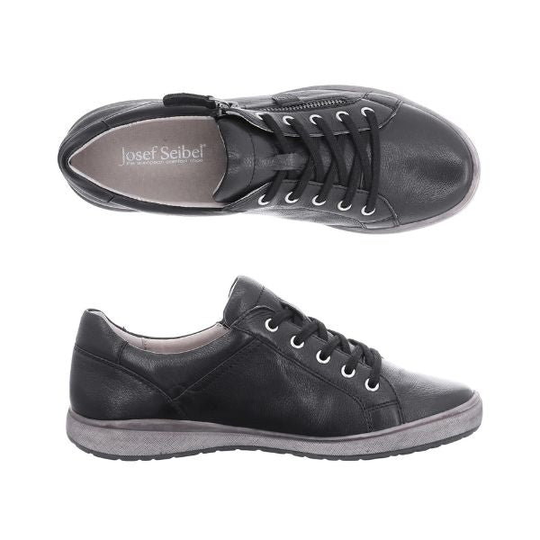 Top and side view of Josef Seibel's black leather lace up sneaker with side zipper entry.