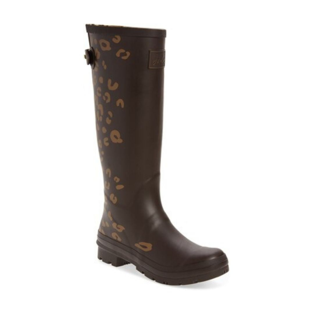 Tall brown leopard printed rubber boot