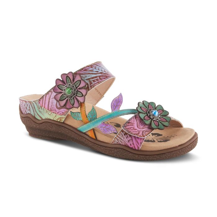 Multi-coloured slide sandal with floral details. Sandal has brown crepe rubber outsole with small wedge.