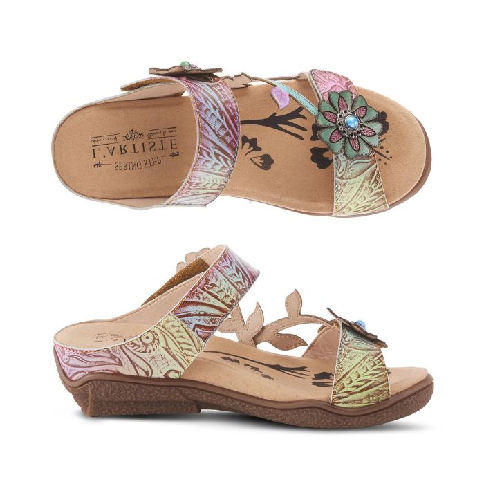 Top and side view of multi-coloured slide sandal with floral details. Sandal has brown crepe rubber outsole with small wedge.