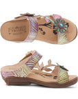 Top and side view of multi-coloured slide sandal with floral details. Sandal has brown crepe rubber outsole with small wedge.