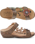 Top and side view of brown multi-coloured slide sandal with floral details. Sandal has brown crepe rubber outsole with small wedge.