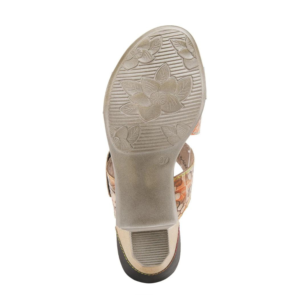 Brown outsole of L'Artiste's Classical heeled sandal.