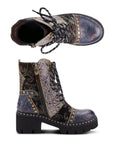 Platfomed  lace up combat boot in blue, grey and black patterned leathers