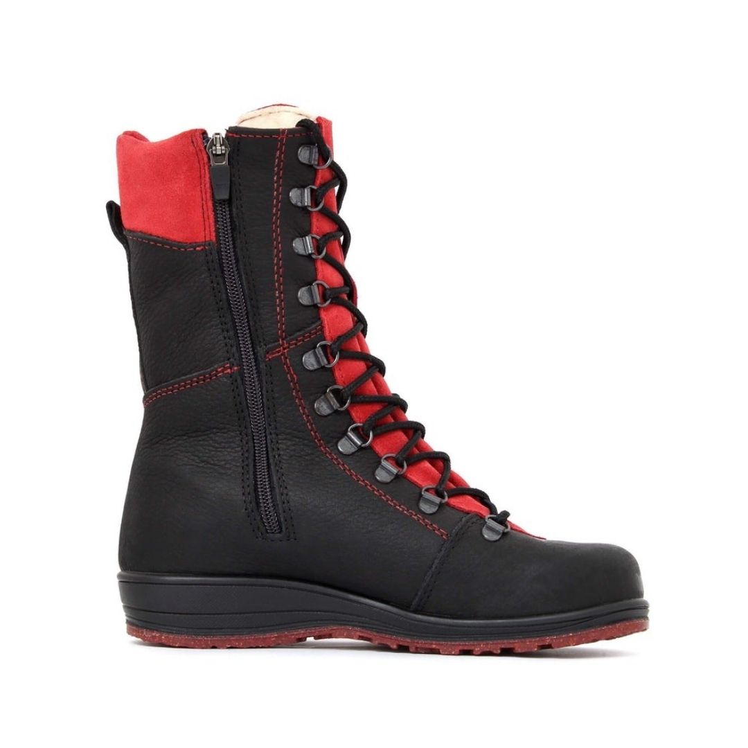 Black leather mid-height laced boot with inside zipper and red leather accents.
