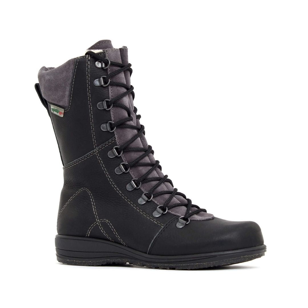 Black leather mid-height boot with grey leather accents.