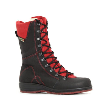 Black leather mid-height laced boot with red leather accents.