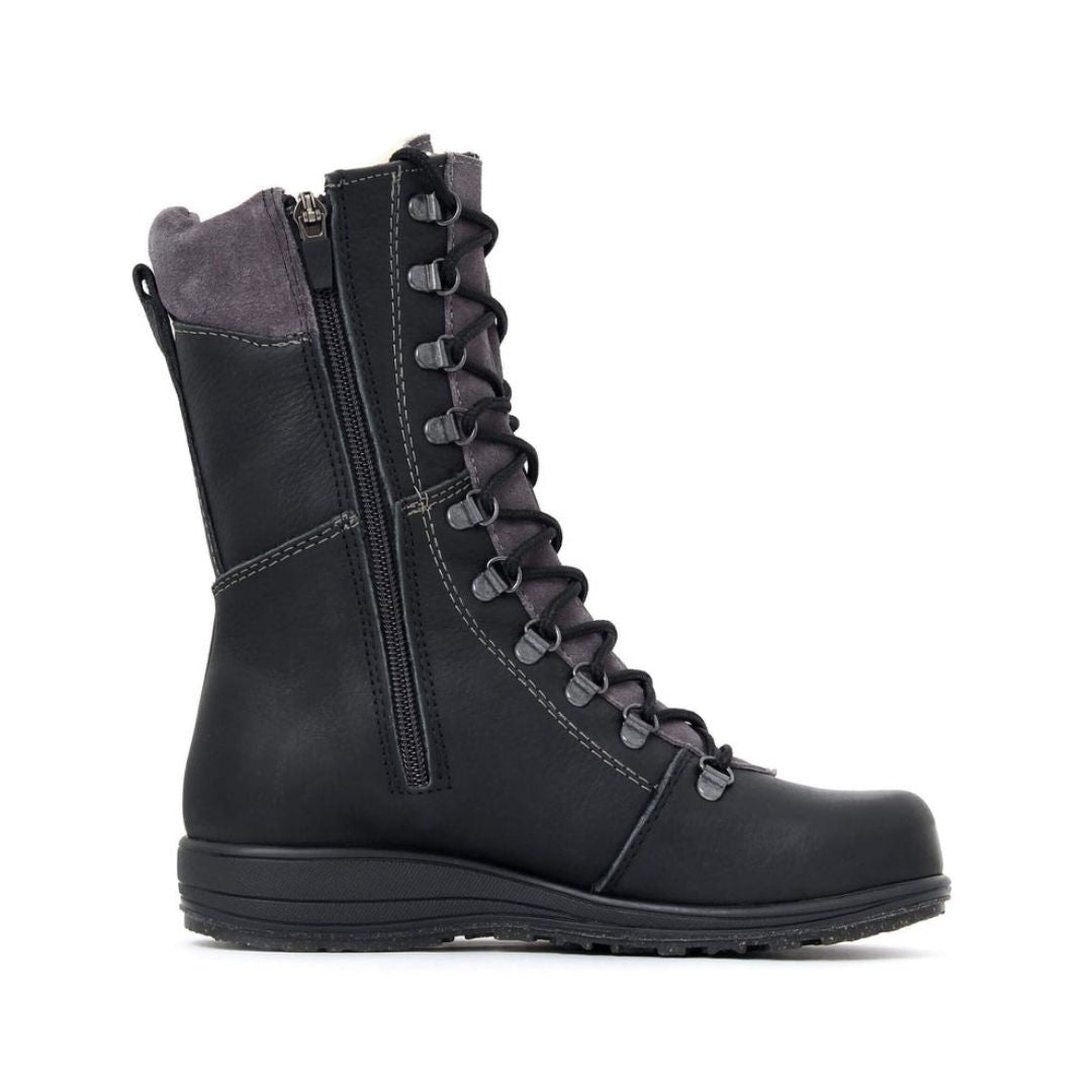 Black leather mid-height laced boot with grey leather accents and inside zipper.