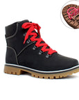Ankle black winter boot with red laces and brown outsole. Highlight shows collapsible cleats on outsole.