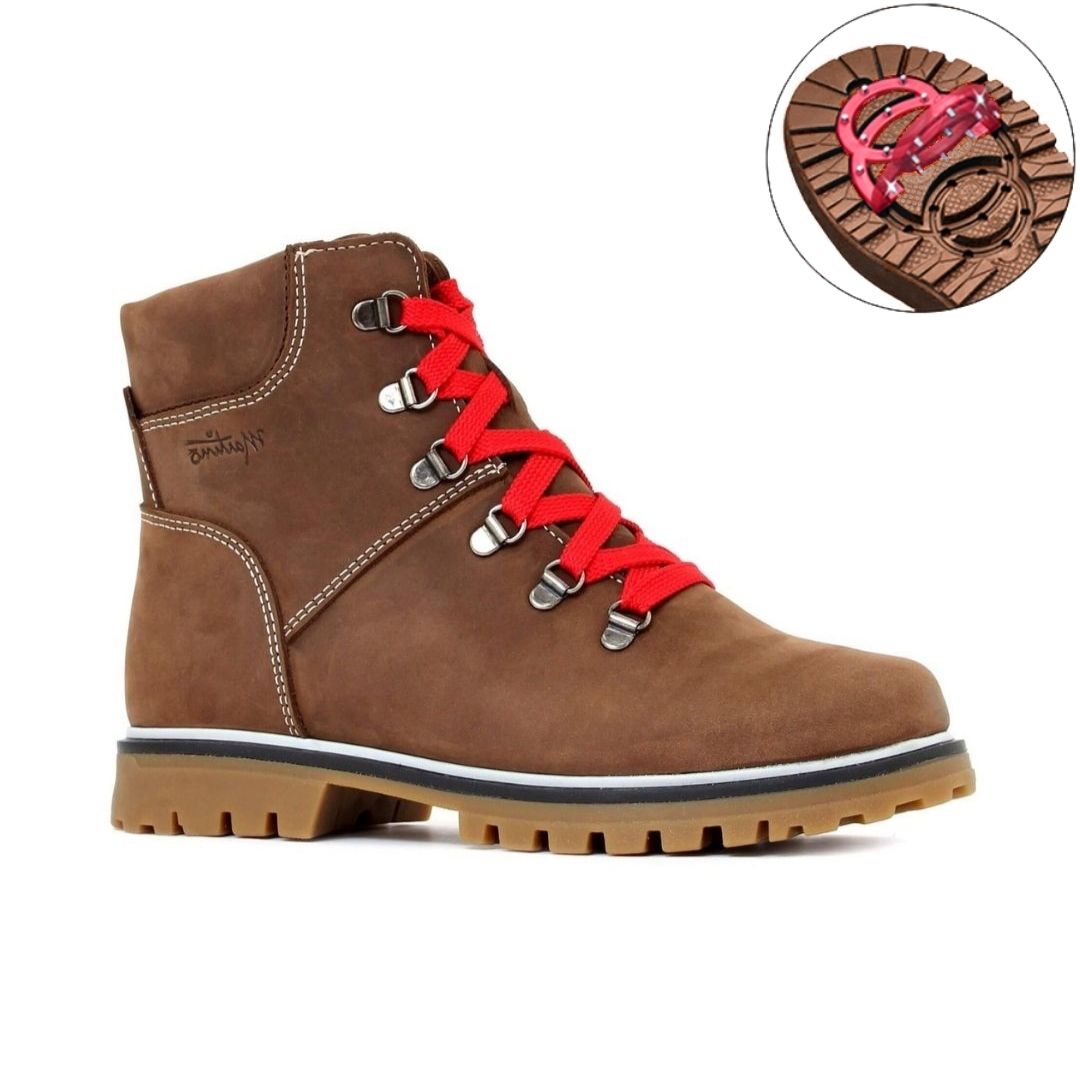 Brown ankle winter boot with brown oustsole. Highlight shows collapsible cleats on outsole.