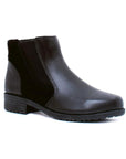 Black leather Chelsea boot with suede accent. 