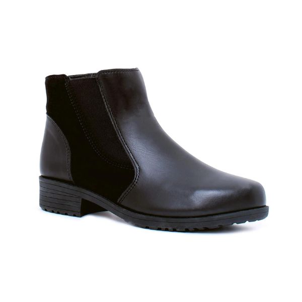 Black leather Chelsea boot with suede accent. 