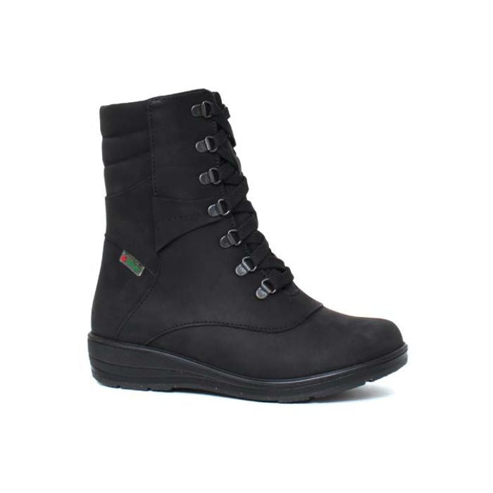 Black lace up boot with Martino logo tag on side.