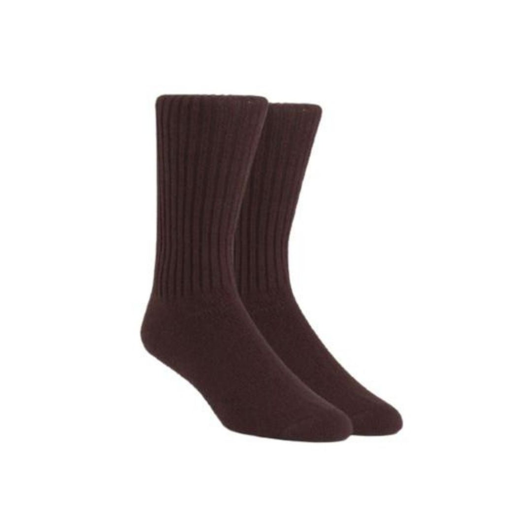 A pair of brown cotton crew socks