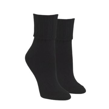 A pair of black cotton crew socks.