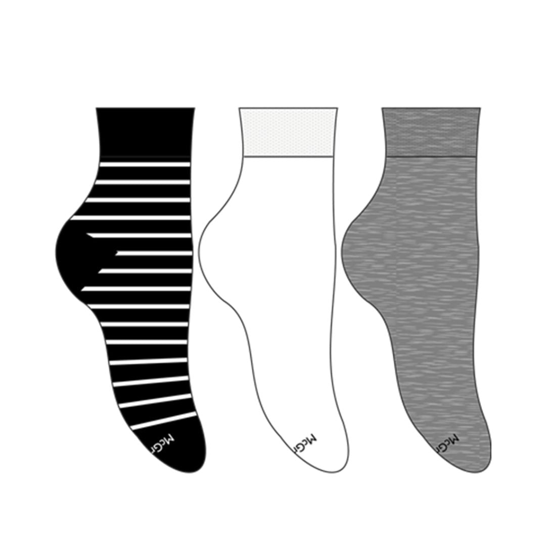 McGregor Women's Cotton Ankle Socks - 3Pack in assorted styles: striped black, solid white, and heather gray, perfect for comfort and style.