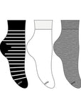 Three ankle socks. One is black and white striped, one is white and one is grey.