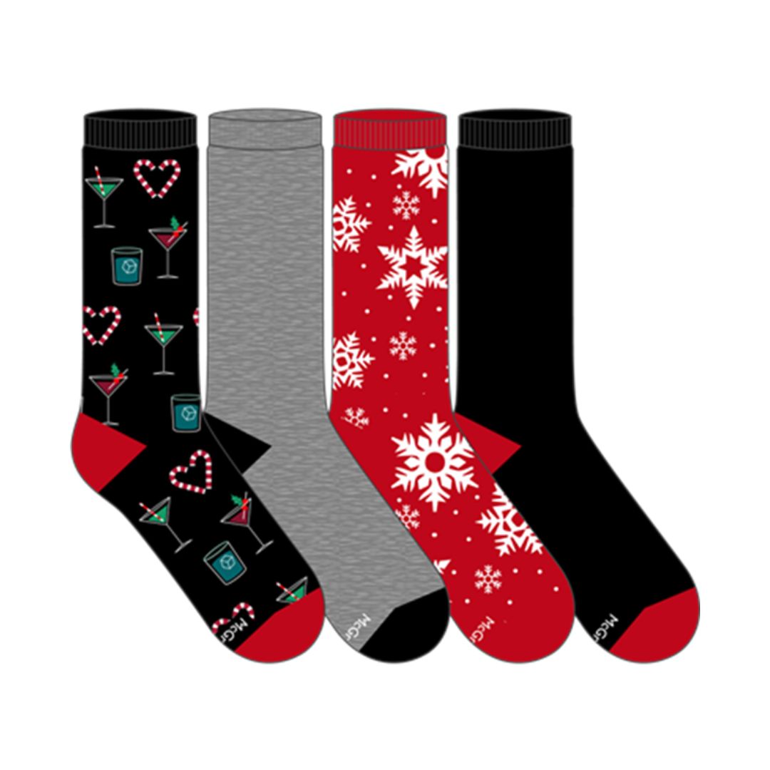 Four Christmas themed socks in red, black and grey colours.