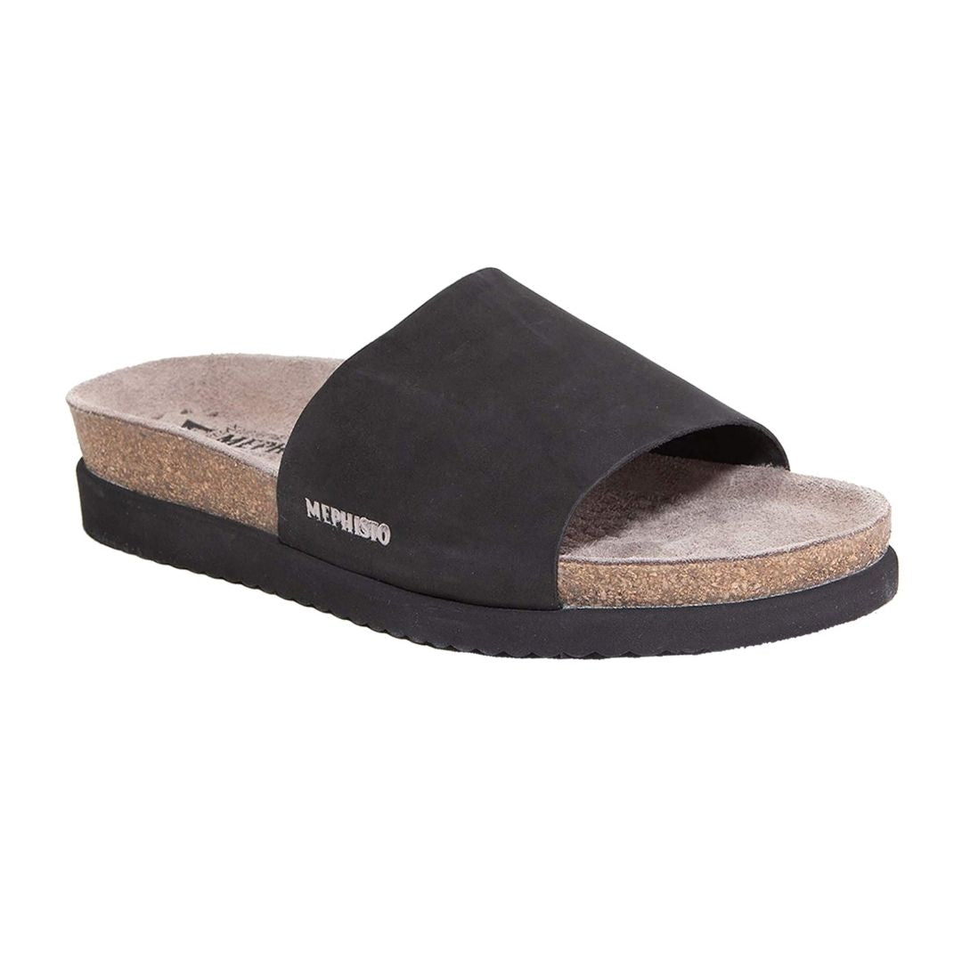 Black nubuck leather single strap slide sandal with supportive cork midsole and black EVA outsole.