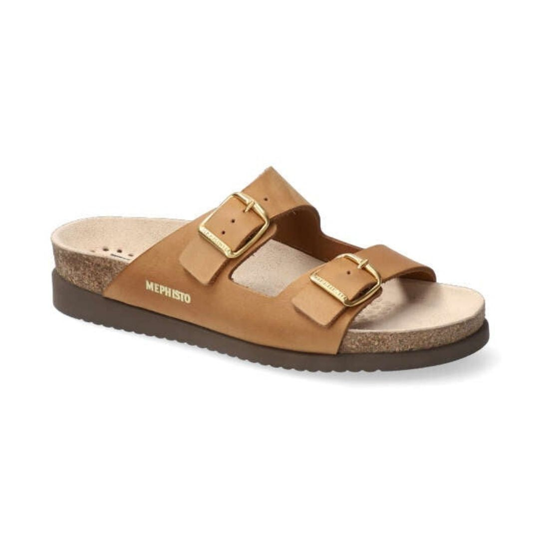 Camel leather sandal with two straps with gold buckle closures, suppotive cork midsole and brown outsole.