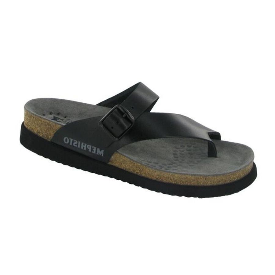 Black leather Helen by Mephisto split thong sandal with side buckle and cork footbed