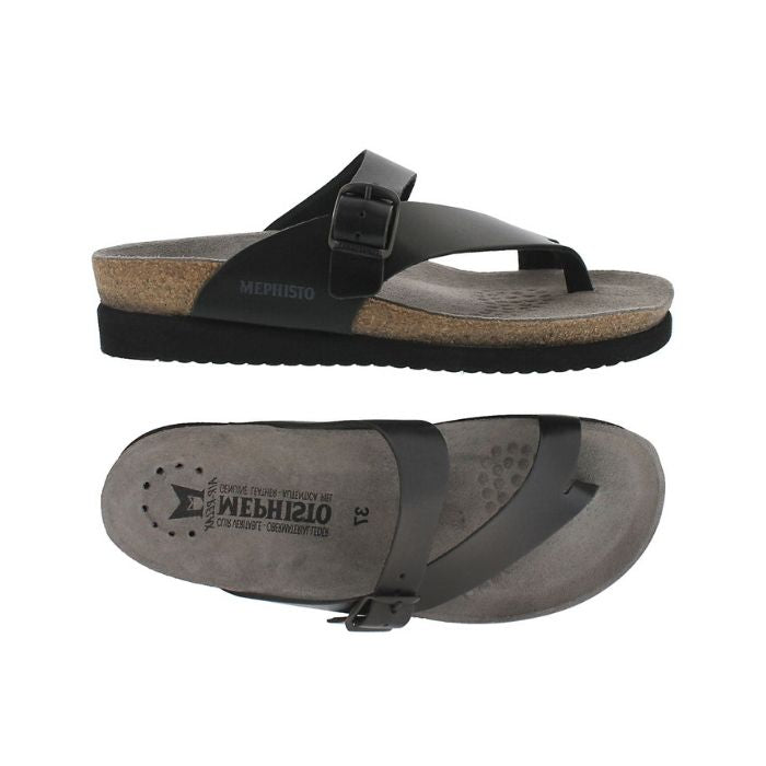 Black leather side view showing side buckle on slip on thong sandal and top view of grey footbed and double strap across the toe of the Helen sandal by Mephisto