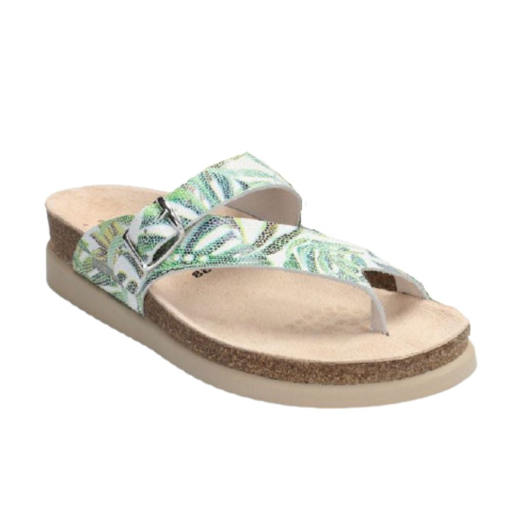 White and green leaf printed thong sandal with adjustable buckle closure, supportive cork midsole and beige EVA outsole.