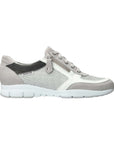 White and grey leather sneaker with lace and zipper closure. Shoe has white outsole and Mephisto tag sewn onto side.