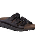 Dark brown leather sandal with 3 buckle straps across foot with a black outsole on the slip on Zach footed sandal by Mephisto