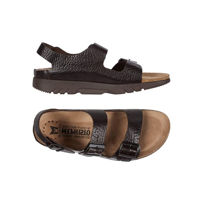 Top and side view of the Zeus brown sandal by Mephisto has 2 buckle straps across toes and one buckle strap around heel with a tan footbed