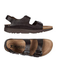 Top and side view of the Zeus brown sandal by Mephisto has 2 buckle straps across toes and one buckle strap around heel with a tan footbed