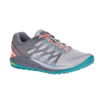 Grey lace up sneaker with pink laces, pink Merrell logo on back and yellow Vibram logo on back of teal outsole.