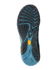 Blue and black rubber outsole with yellow logo in centre