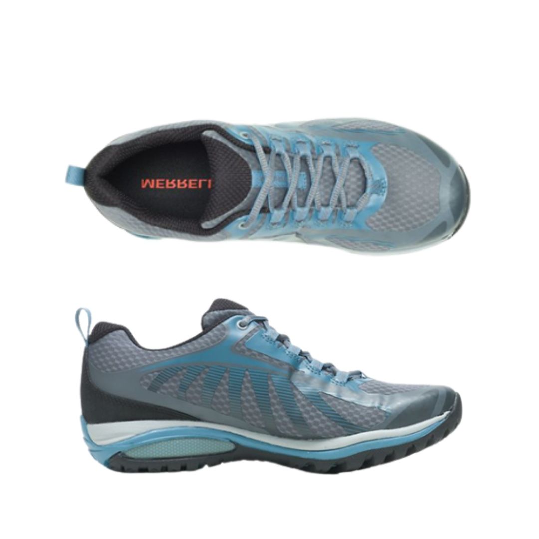 Blue lace up sneaker with Vibram outsole. Orange Merrell logo on insole.
