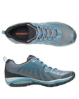 Blue lace up sneaker with Vibram outsole. Orange Merrell logo on insole.