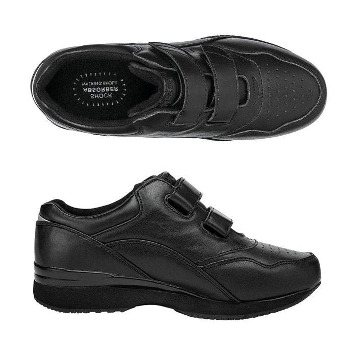 Top and side view of Propet&#39;s black dual Velcro strap shoe.