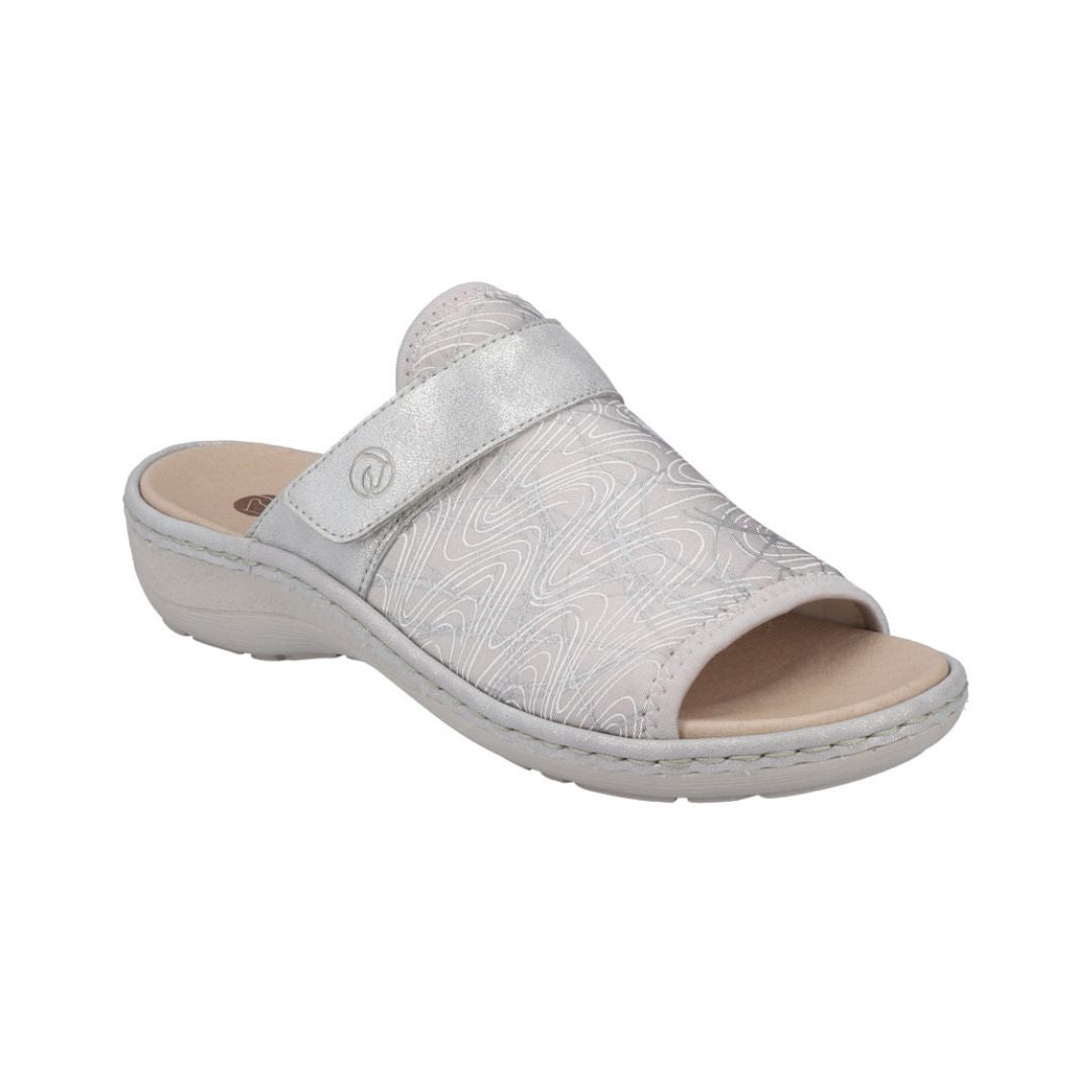 Silver slide sandal with beige footbed.