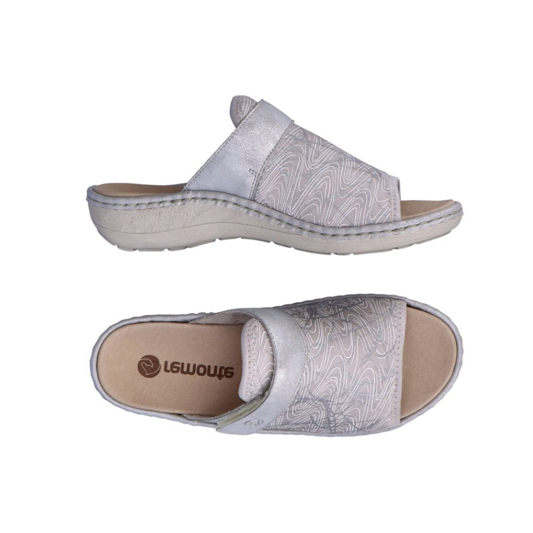 Top and side view pf silver slide sandal with beige footbed.