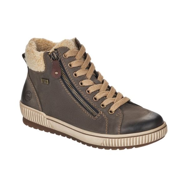 Grey sneaker boot with laces and outside functional zip. These have beige faux fur cuff and beige outsole.